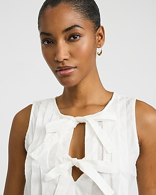 Cotton Poplin Pleated Bow Front Cutout Tank