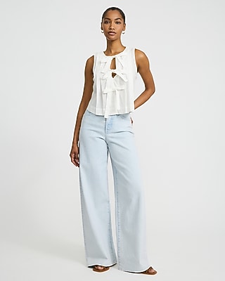 Cotton Poplin Pleated Bow Front Cutout Tank