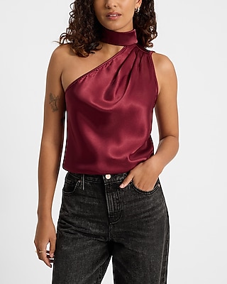 Satin Asymmetrical Mock Neck Tank