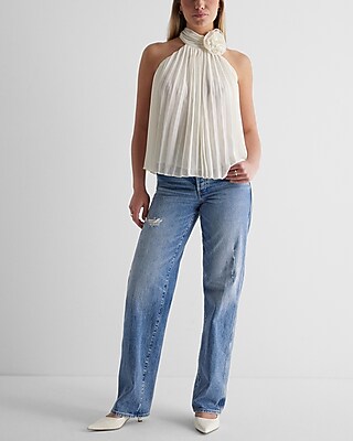 Rosette Halter Neck Pleated Top | Express