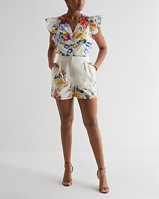 Floral V-Neck Flutter Sleeve Ruched Top