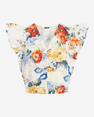 Floral V-Neck Flutter Sleeve Ruched Top