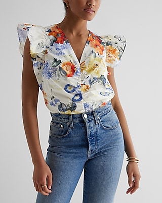 Floral V-Neck Flutter Sleeve Ruched Top