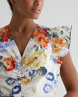 Floral V-Neck Flutter Sleeve Ruched Top