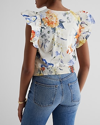 Floral V-Neck Flutter Sleeve Ruched Top