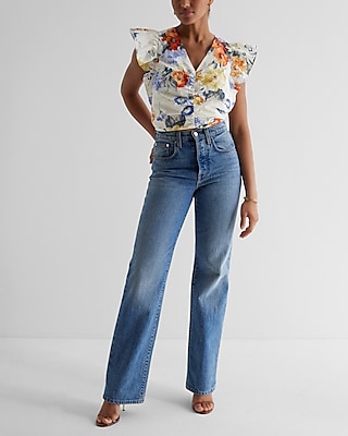 Floral V-Neck Flutter Sleeve Ruched Top