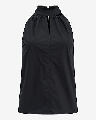 Poplin Mock Neck Keyhole Bow Back Top