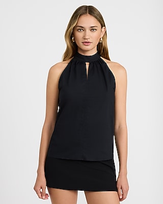 Poplin Mock Neck Keyhole Bow Back Top