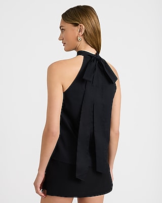 Poplin Mock Neck Keyhole Bow Back Top