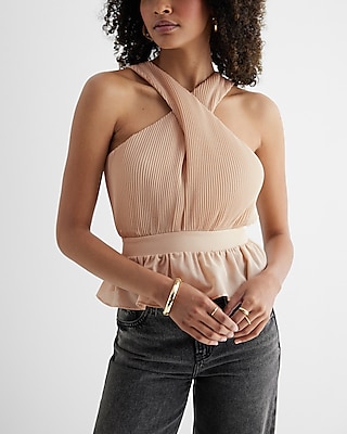 Twist Halter Neck Pleated Peplum Tank