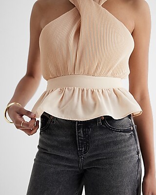 Twist Halter Neck Pleated Peplum Tank