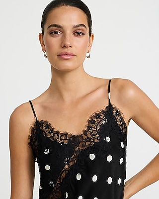 Satin Polka Dot Lace Trim V-Neck High-Low Tunic Cami