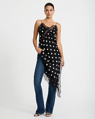 Satin Polka Dot Lace Trim V-Neck High-Low Tunic Cami