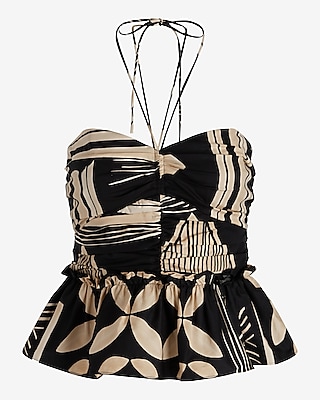 Printed Halter Neck Ruched Peplum Top