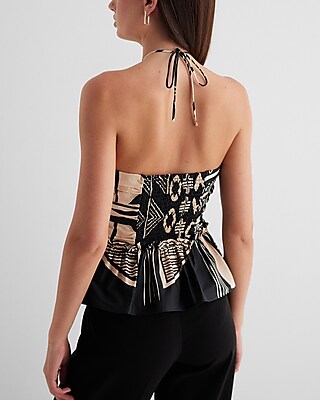 Printed Halter Neck Ruched Peplum Top