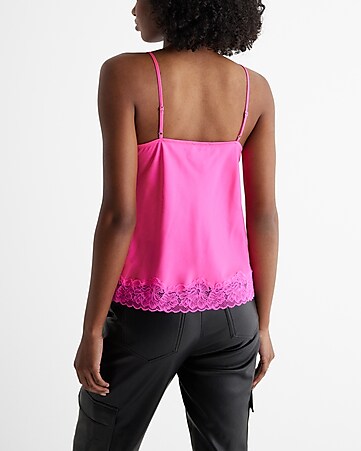 Women's Lace Trim Satin Cami Top in Hot Pink