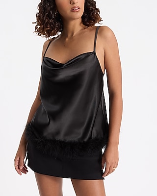 Satin Cowl Neck Feather Hem Cami