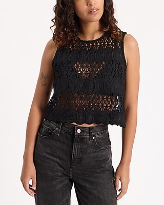 Lace Open Stitch Crew Neck Cropped Tank