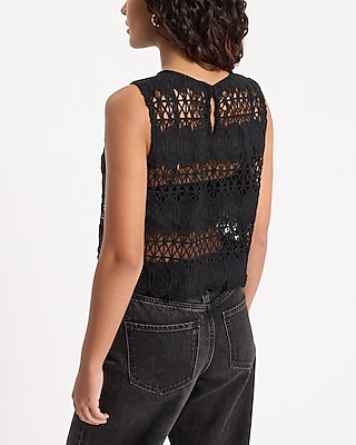 Lace Open Stitch Crew Neck Cropped Tank