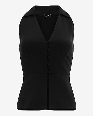 V-Neck Collared Button Front Split Hem Tailored Top