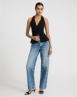 V-Neck Collared Button Front Split Hem Tailored Top