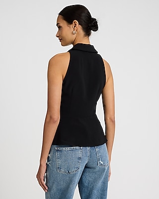 V-Neck Collared Button Front Split Hem Tailored Top