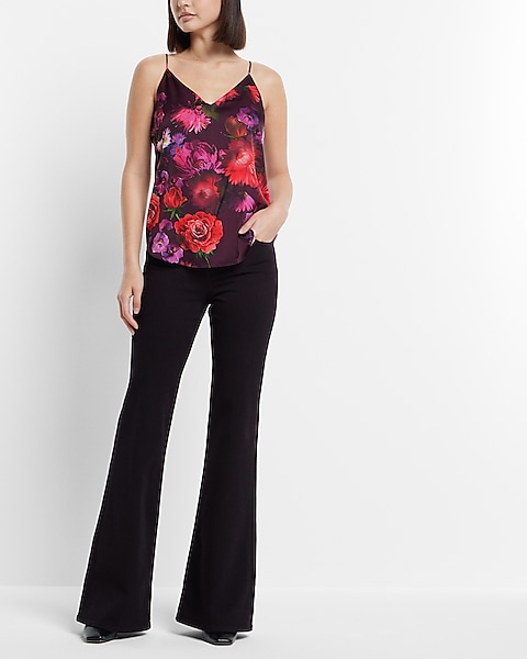 Express, Satin Lace Strap V-Neck Downtown Cami in Neon Berry