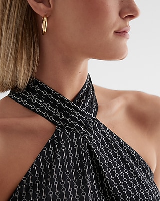 Satin Printed Gathered Halter Neck Tank