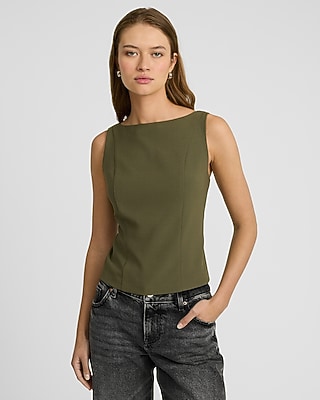 High Neck Low Back Button Tailored Tank