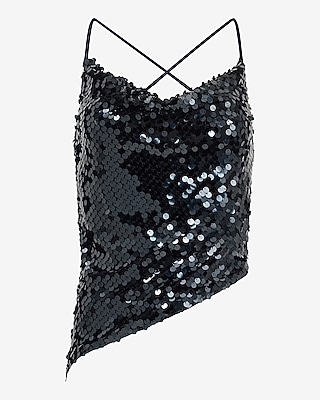 Sequin Cowl Neck Asymmetrical Strappy Back Cami