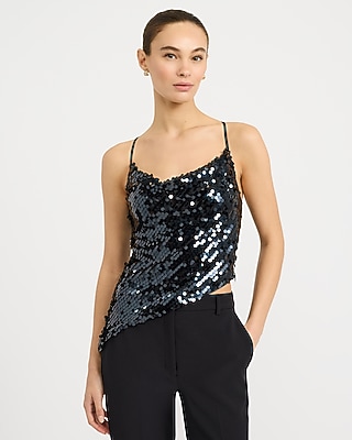 Sequin Cowl Neck Asymmetrical Strappy Back Cami