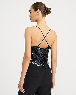 Sequin Cowl Neck Asymmetrical Strappy Back Cami