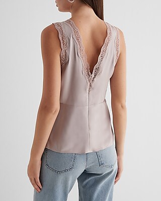 Satin V-Neck Pleated Lace Trim Tank