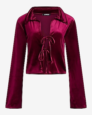 Velvet Long Sleeve Collared Tie Front Top