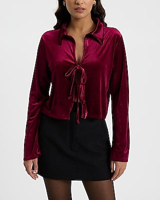 Velvet Long Sleeve Collared Tie Front Top