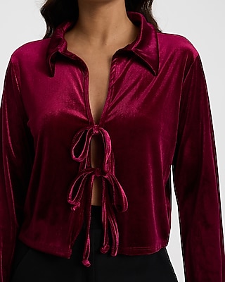 Velvet Long Sleeve Collared Tie Front Top