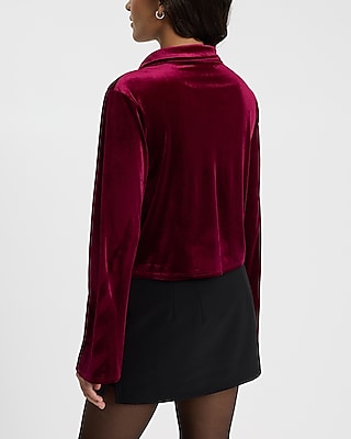 Velvet Long Sleeve Collared Tie Front Top