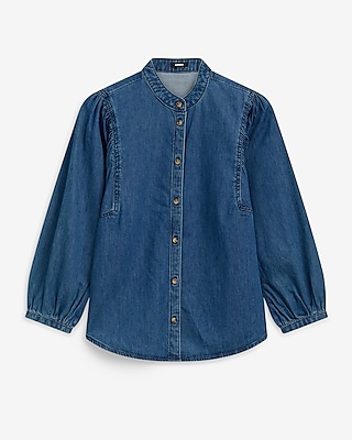 Medium Wash Denim Stand Collar Button Up Puff Sleeve Shirt