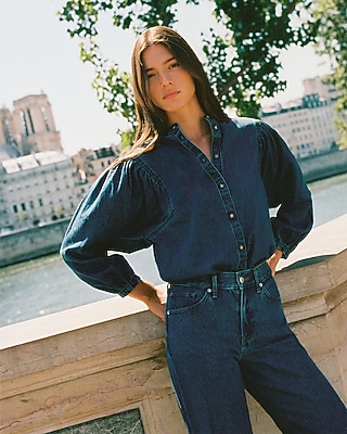 Medium Wash Denim Stand Collar Button Up Puff Sleeve Shirt
