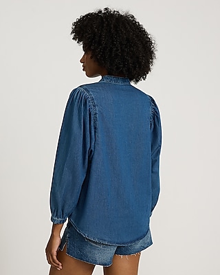 Medium Wash Denim Stand Collar Button Up Puff Sleeve Shirt