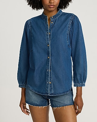 Medium Wash Denim Stand Collar Button Up Puff Sleeve Shirt