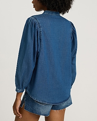 Medium Wash Denim Stand Collar Button Up Puff Sleeve Shirt
