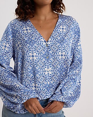 Printed V-Neck Balloon Sleeve Button Up Shirt