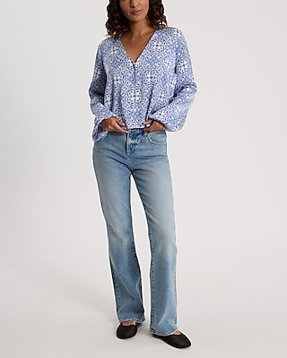 Printed V-Neck Balloon Sleeve Button Up Shirt