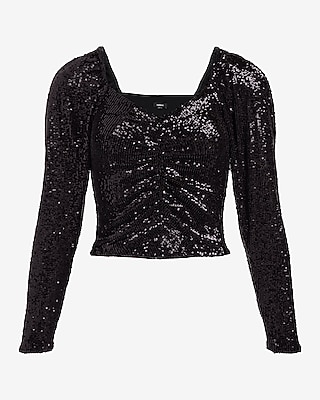 Sequin Sweetheart Neckline Puff Sleeve Ruched Front Top