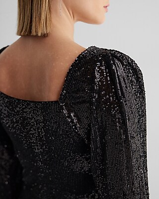 Sequin Sweetheart Neckline Puff Sleeve Ruched Front Top