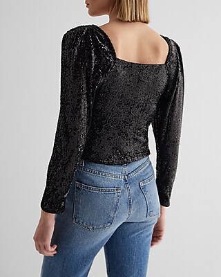 Sequin Sweetheart Neckline Puff Sleeve Ruched Front Top
