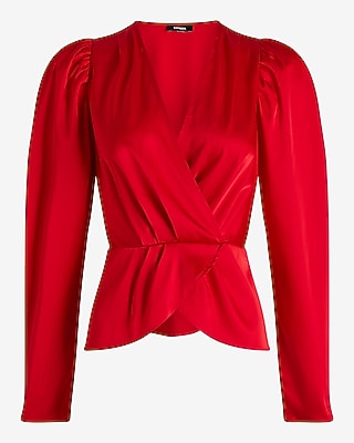 Satin Puff Shoulder Draped Faux Wrap Peplum Top