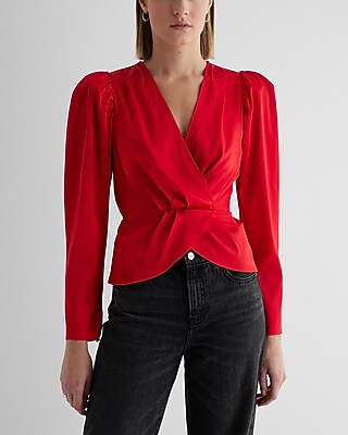 Satin Puff Shoulder Draped Faux Wrap Peplum Top