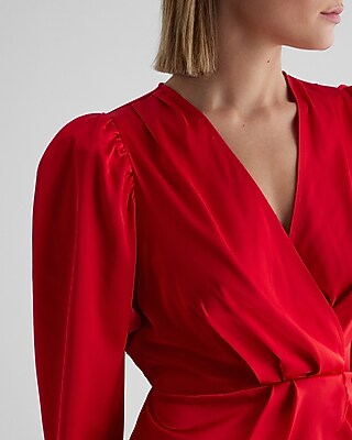 Satin Puff Shoulder Draped Faux Wrap Peplum Top